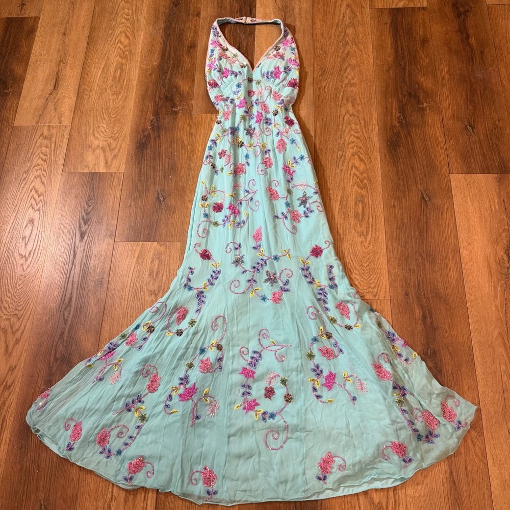 Floral Embroidered Mint Halter Maxi Dress